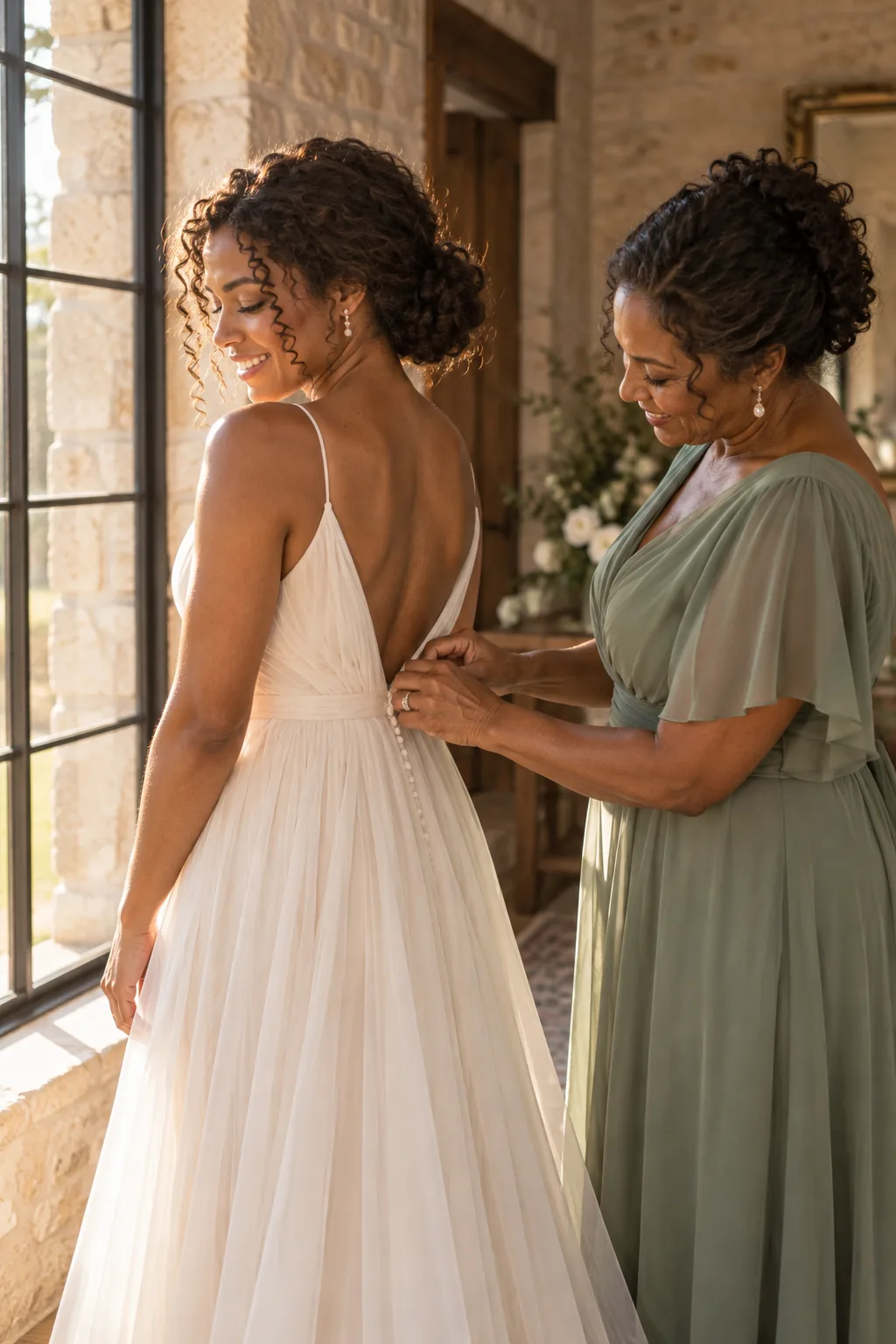 Maya’s mother fastens her ivory gown beside a tall window in soft light.