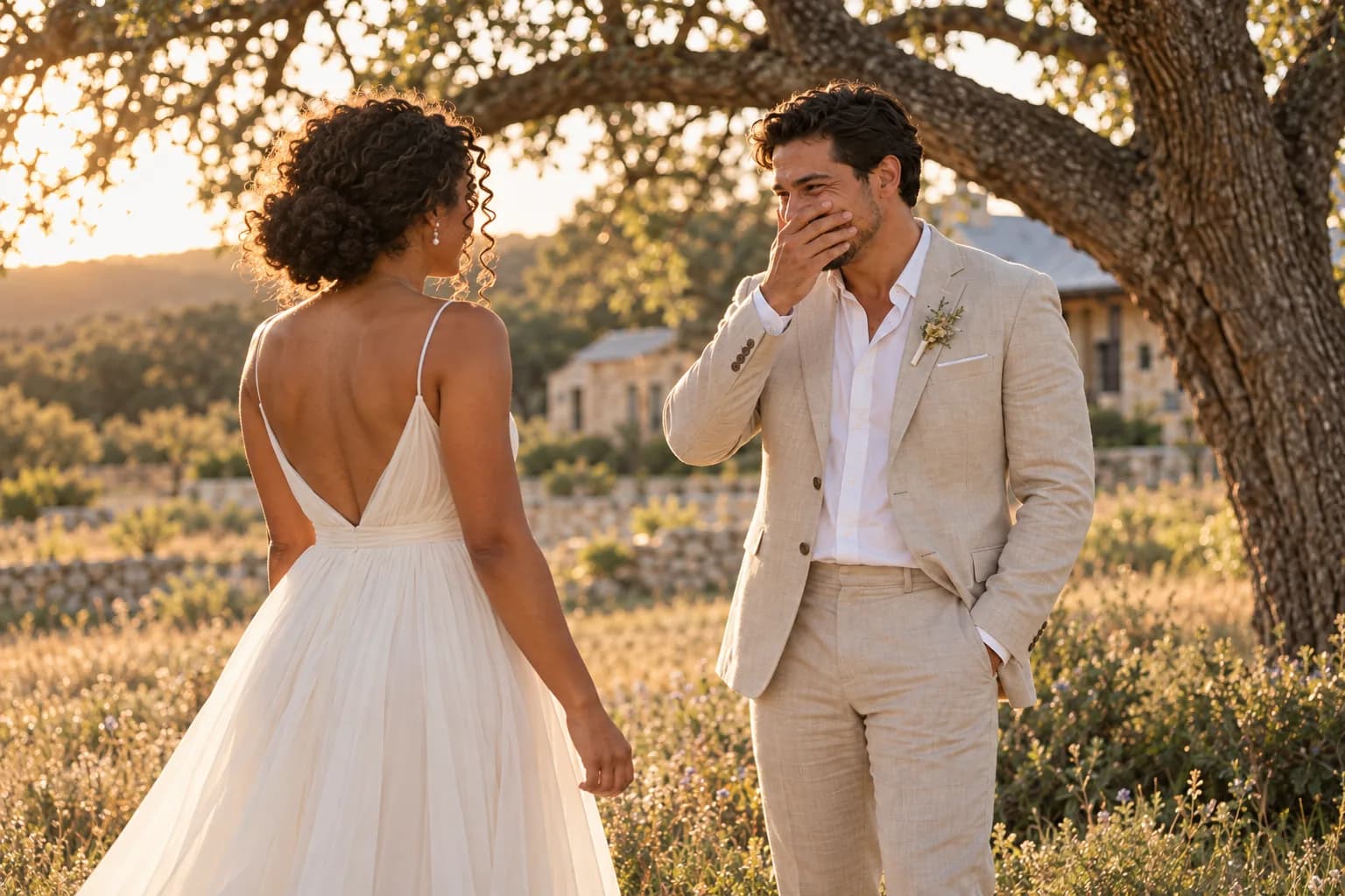 Jordan reacts emotionally to seeing Maya beneath a live oak at their ranch wedding.