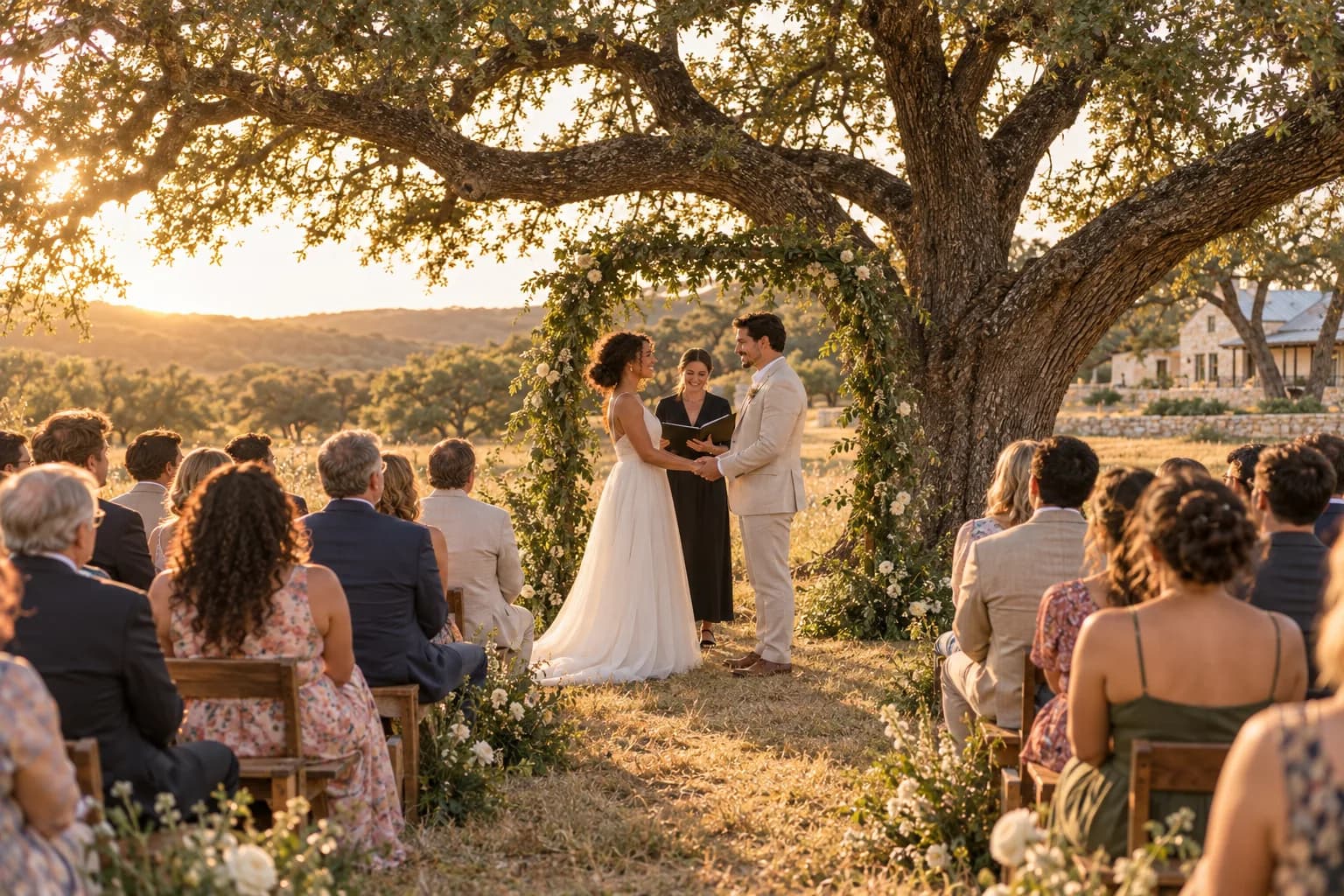 Maya and Jordan marry beneath a live oak, surrounded by guests on wooden benches.