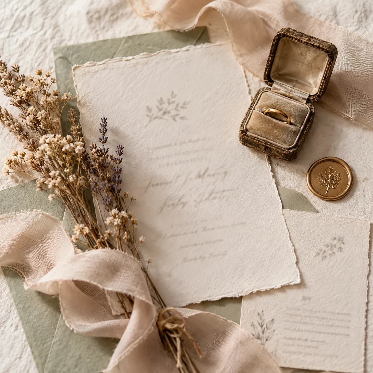 Wedding stationery, dried wildflowers, a gold band, silk ribbon and a wax seal on handmade paper.