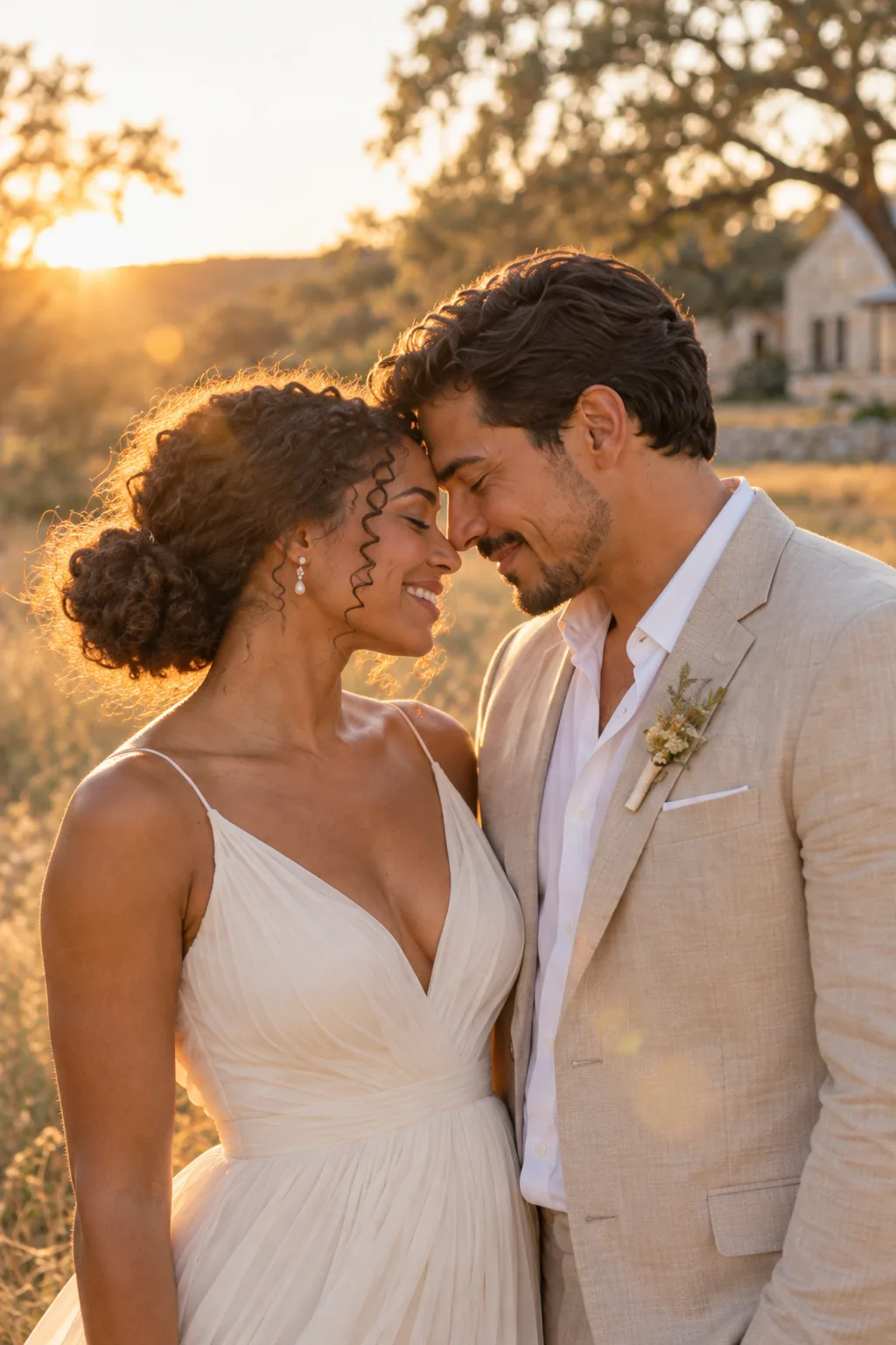 Maya and Jordan touch foreheads with their eyes closed in soft golden backlight.