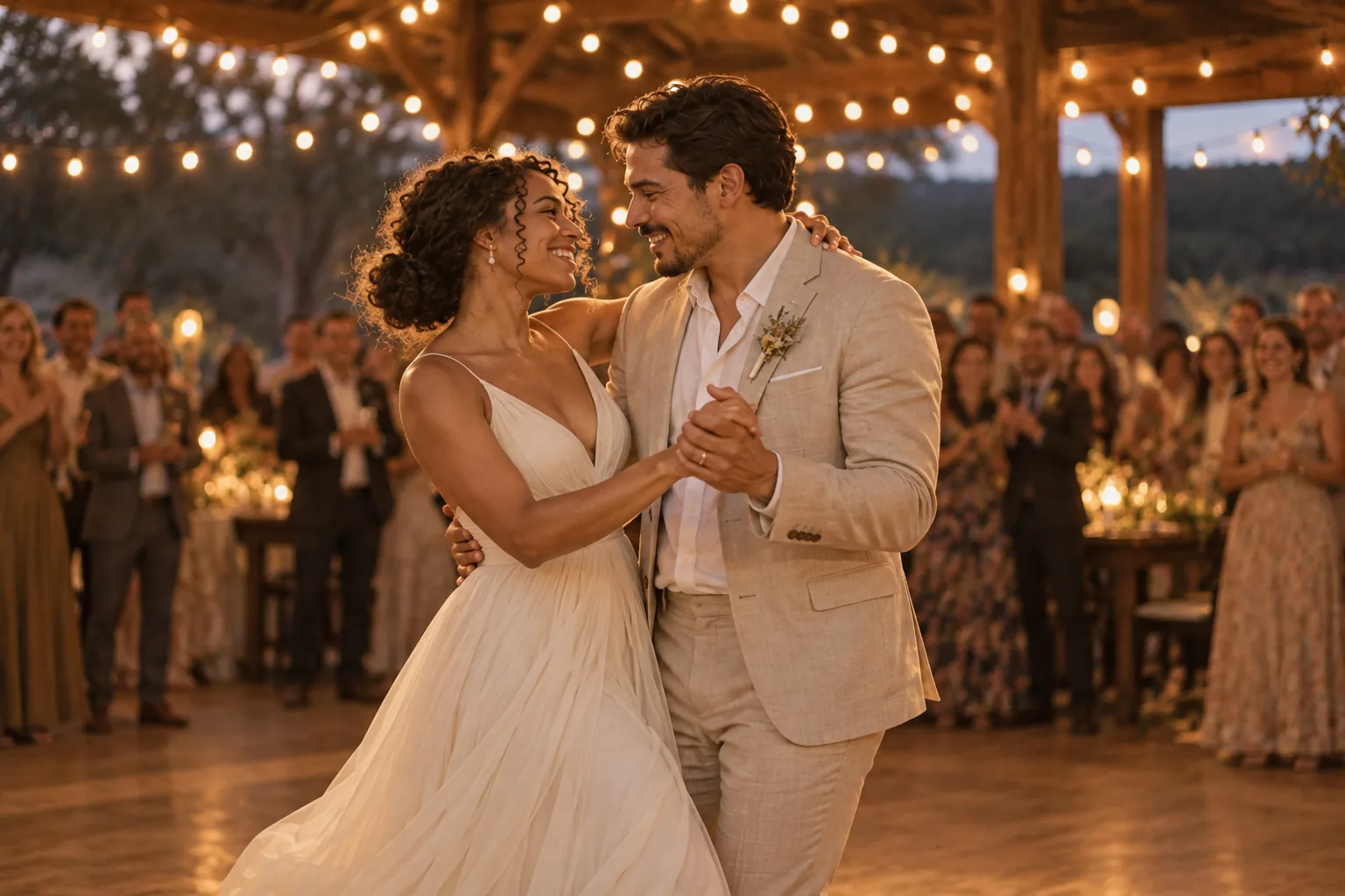 Maya and Jordan share their first dance in an open barn under warm string lights.