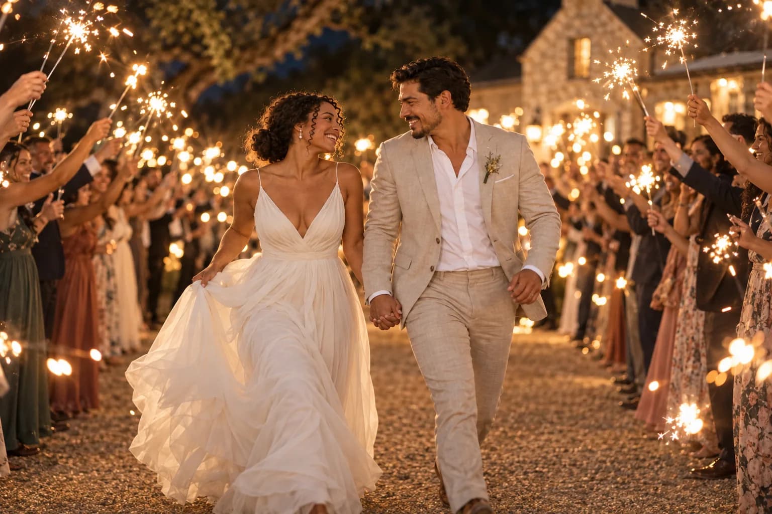 Maya and Jordan run joyfully through a sparkler-lined path at night.