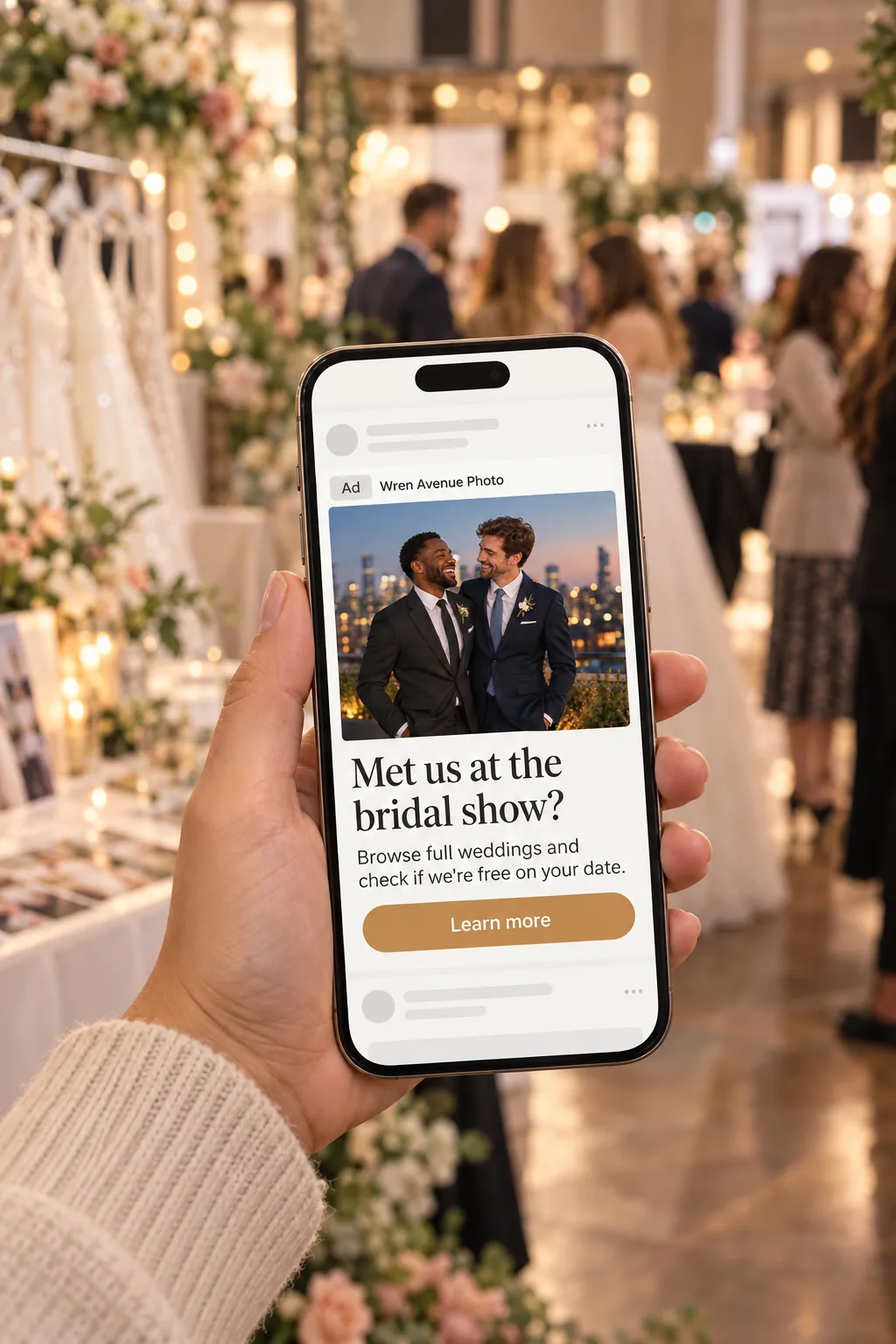 A phone at a bridal expo displays a Wren Avenue wedding photography ad.