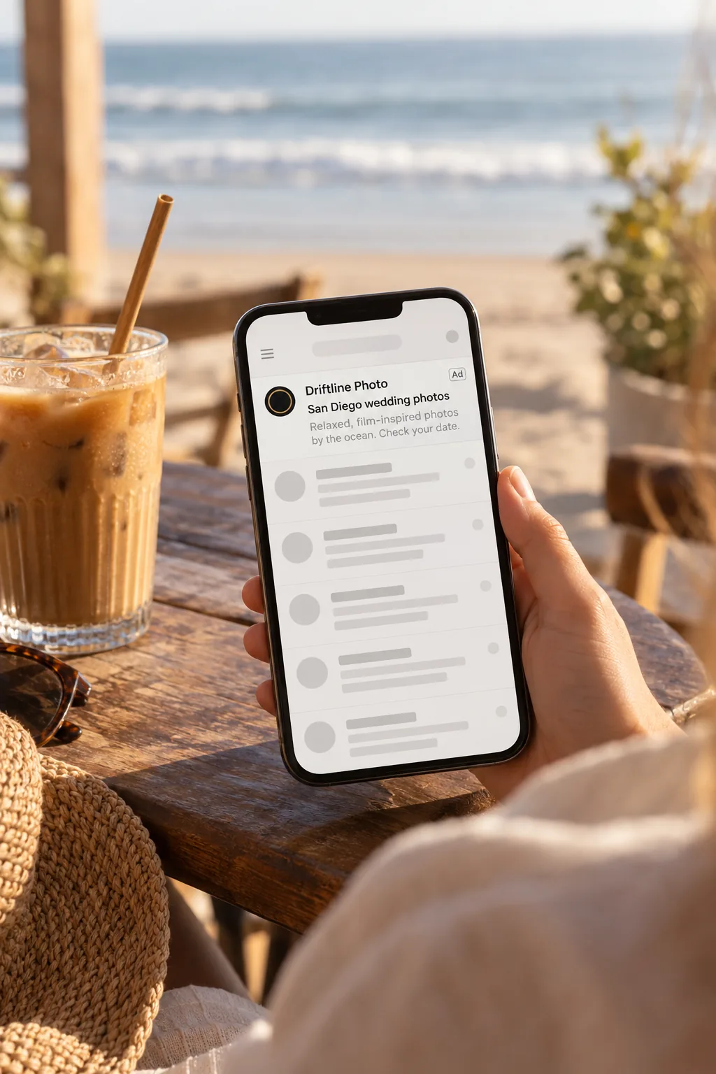 A phone beside iced coffee shows a sponsored Driftline Photo email.
