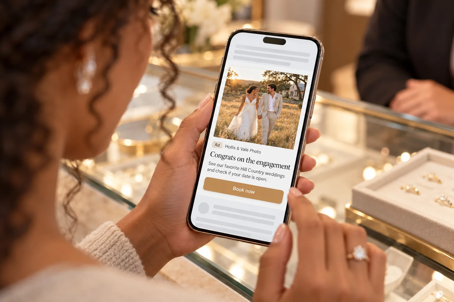 A phone at a jeweler’s counter displays a Hollis & Vale wedding photography ad.