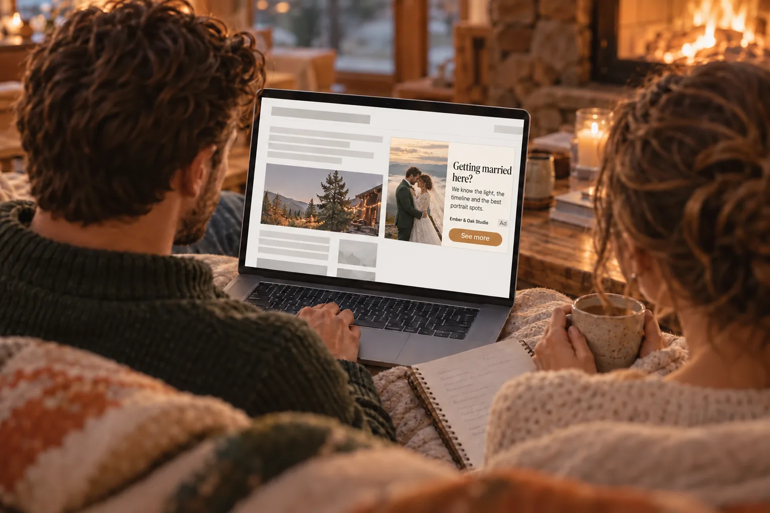 A couple’s laptop shows an Ember & Oak ad beside a wedding-planning article.