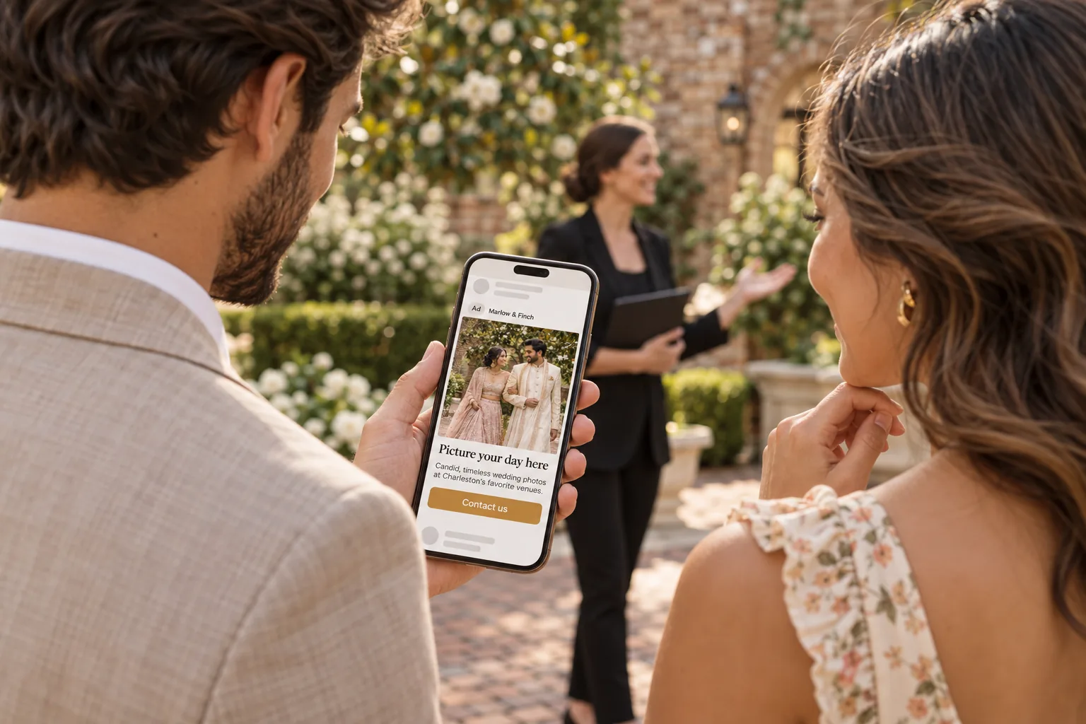 A phone on a garden venue tour displays a Marlow & Finch wedding photography ad.