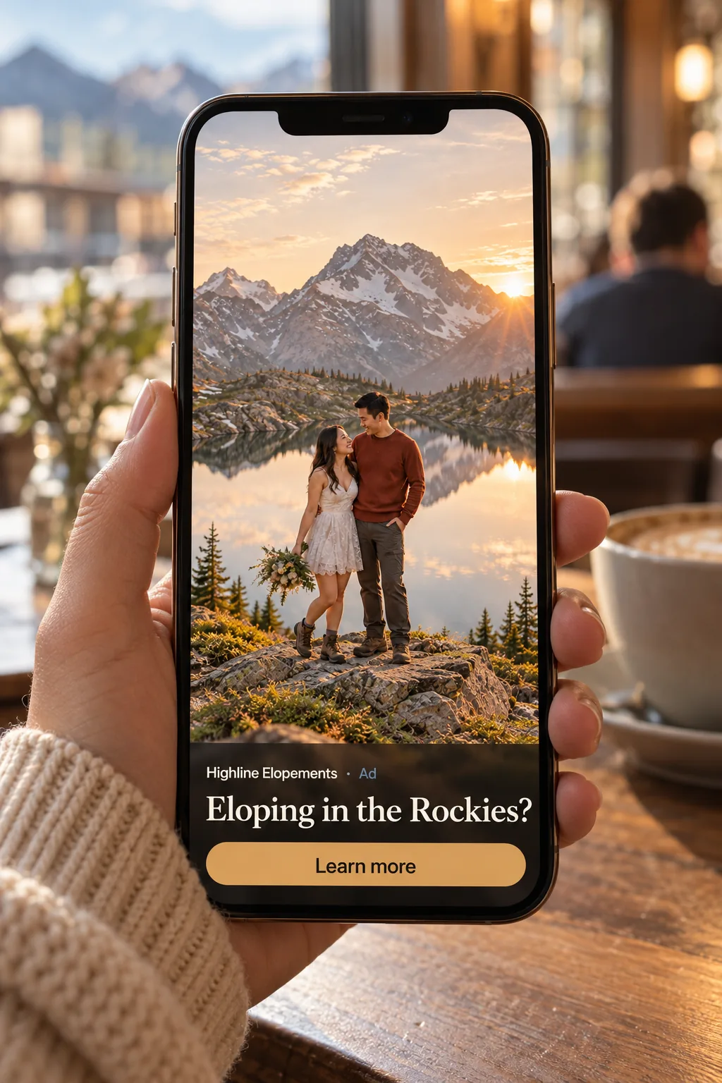 A phone in a mountain café displays a vertical Highline Elopements ad.