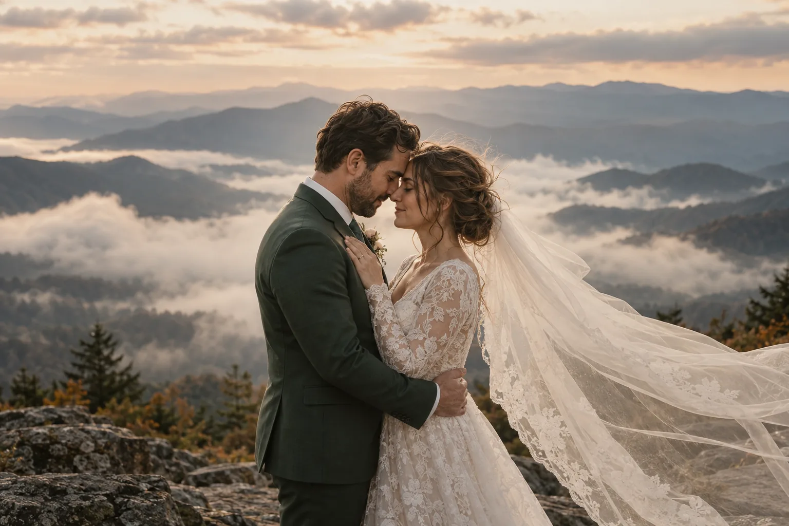 Claire and Sam stand together on a foggy mountain overlook, her veil moving in the wind.