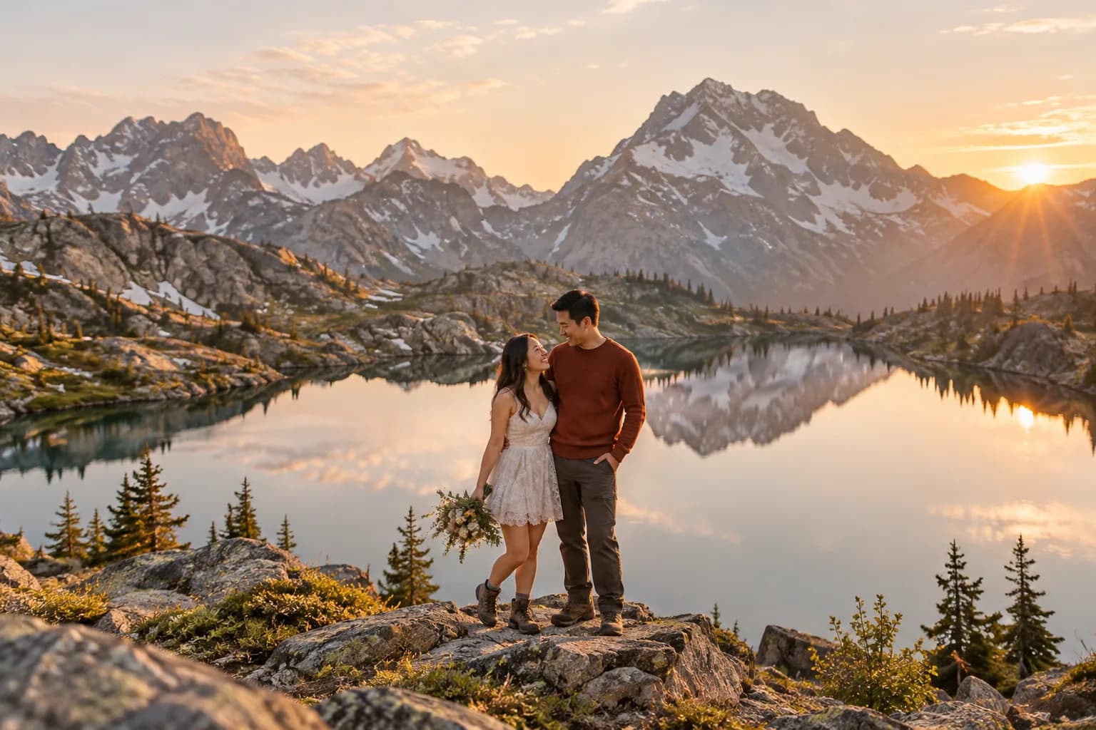 Hana and Ben stand by an alpine lake at sunrise, with mountains reflected in the water.