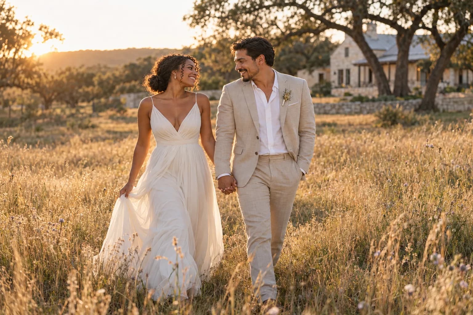 Maya and Jordan laugh together while walking hand in hand through golden grass at a Hill Country ranch.